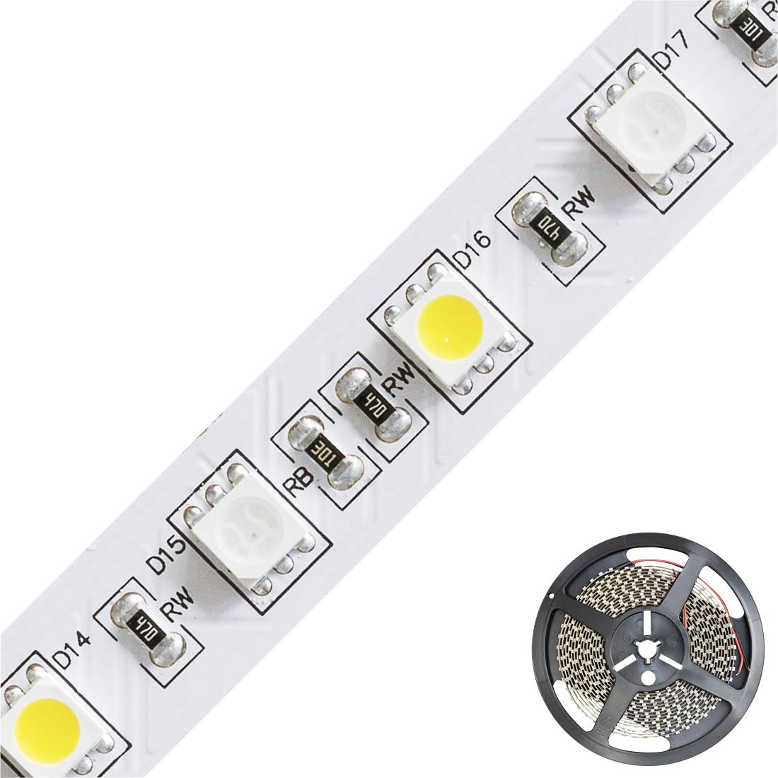 LED světelná lišta se žlutými diodami, deskovými komponenty a navinutým LED pásem. Ideální pro osvětlovací aplikace.