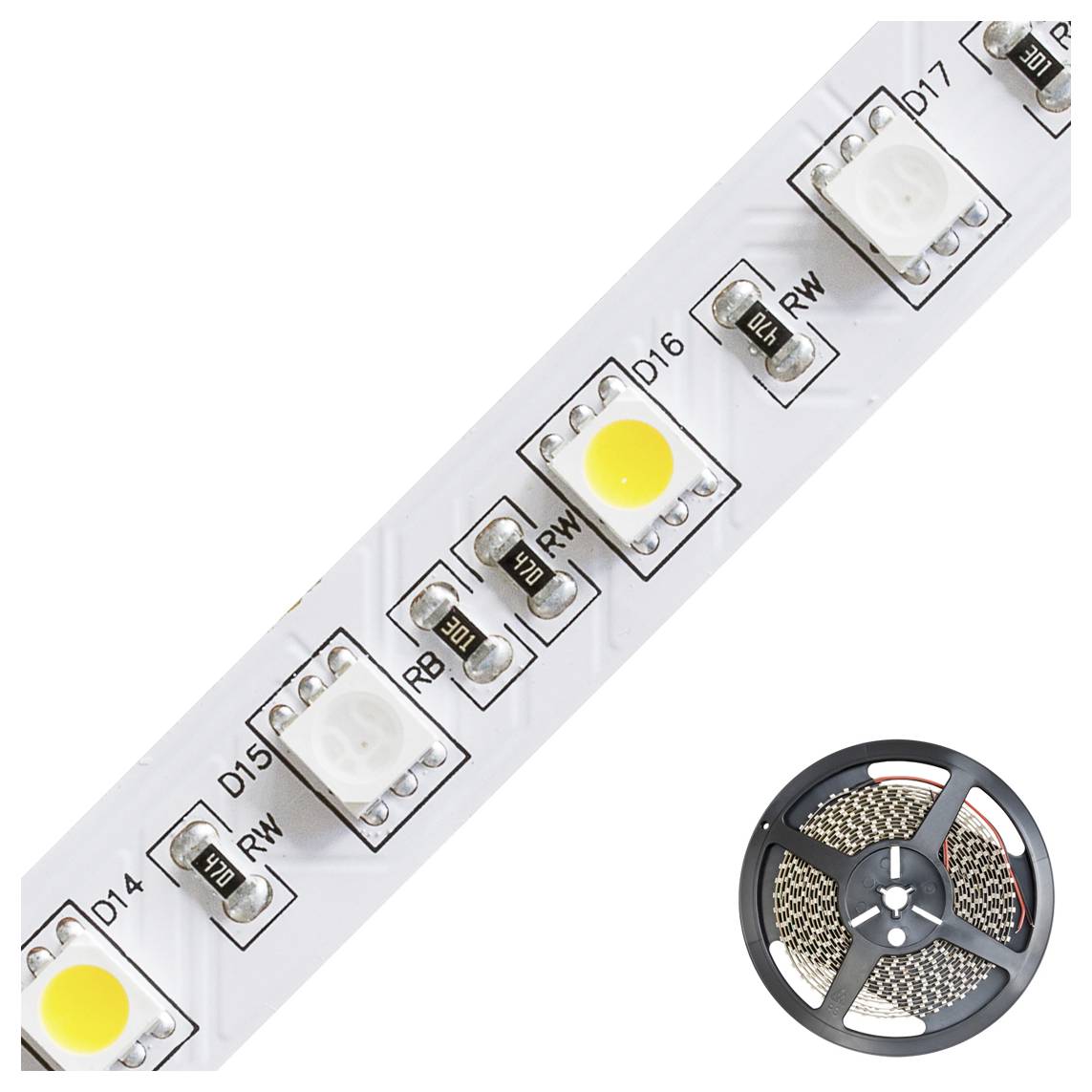 Zblízka páska LED osvětlení s číslenými SMD diodami na cívce, zobrazující jak pásku, tak kotouč.