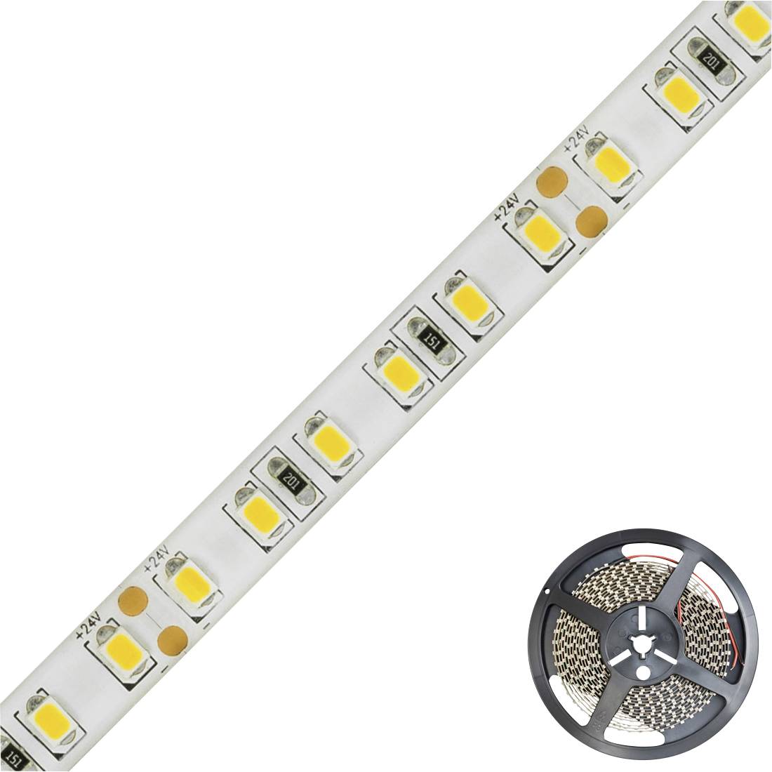 Páska LED světel na roli s detail zobrazujícím jednotlivé povrchově namontované LED diody a značení 24V na bílém pozadí.