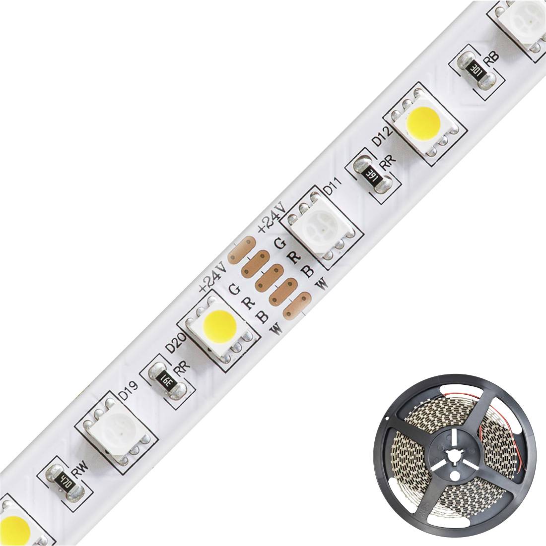 Cívka RGB LED páskových světel s několika rozsvícenými bílými a žlutými LED diodami znázorněnými diagonálně, plus malá cívka pásku v pravém dolním rohu.