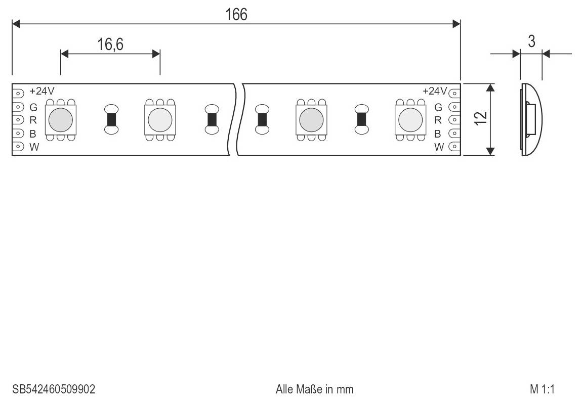 Technický diagram segmentu LED pásku, který ukazuje délku 166 mm, šířku 12 mm, tloušťku 3 mm a rozteč modulů 16,6 mm s konektory +24V, G, R, B, W.