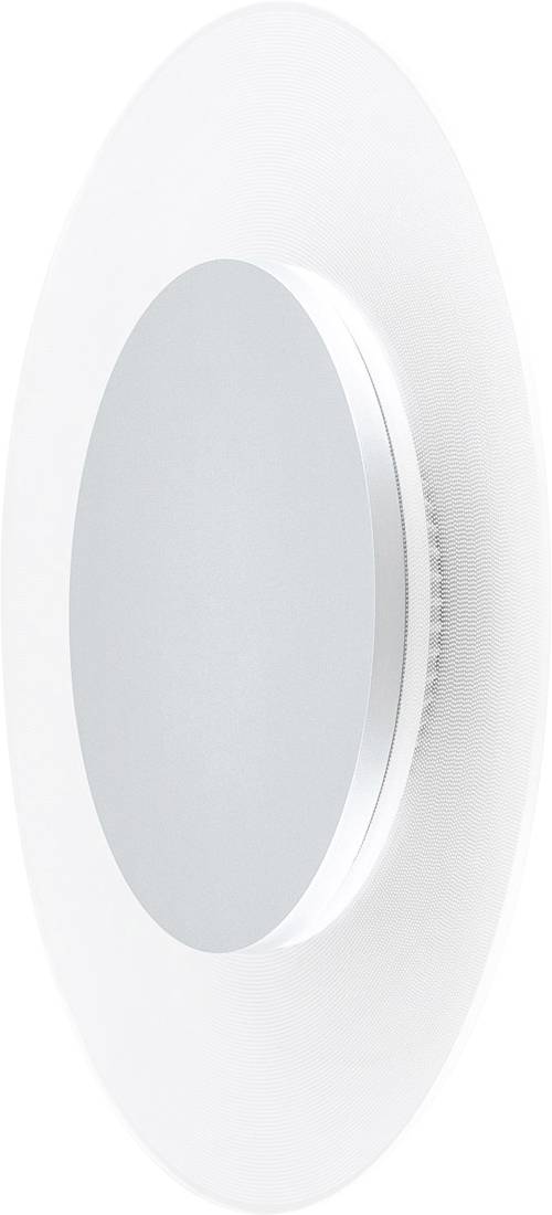 Minimalistické bílé kulaté nástěnné světlo s velkým oválným středovým panelem a měkkým šedým vnitřním vložením, zobrazené na prostém bílém pozadí.