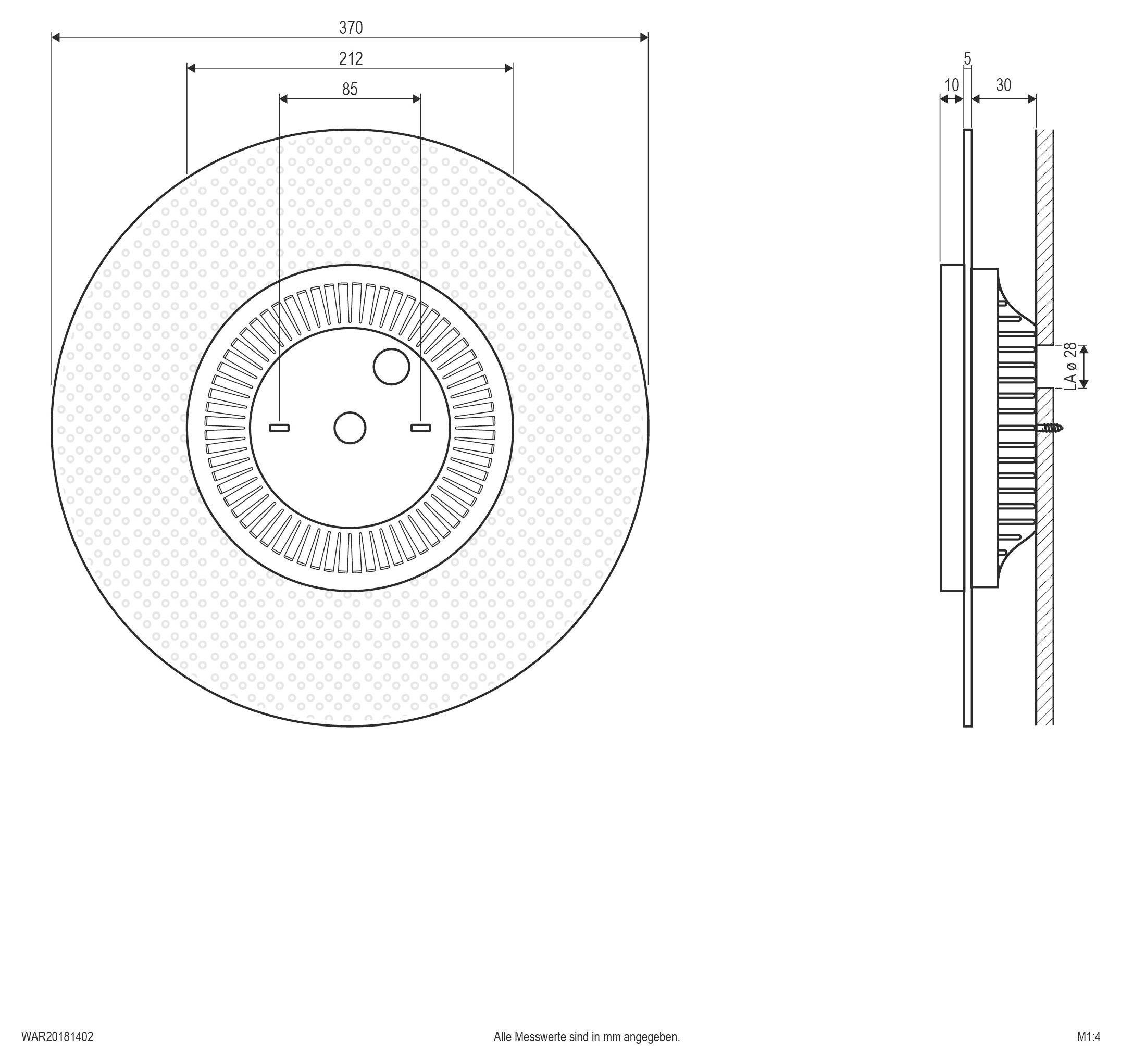 Technický diagram kruhové mechanické součásti zobrazený v přední a boční projekci s rozměry 370, 212, 85 a 30 mm.