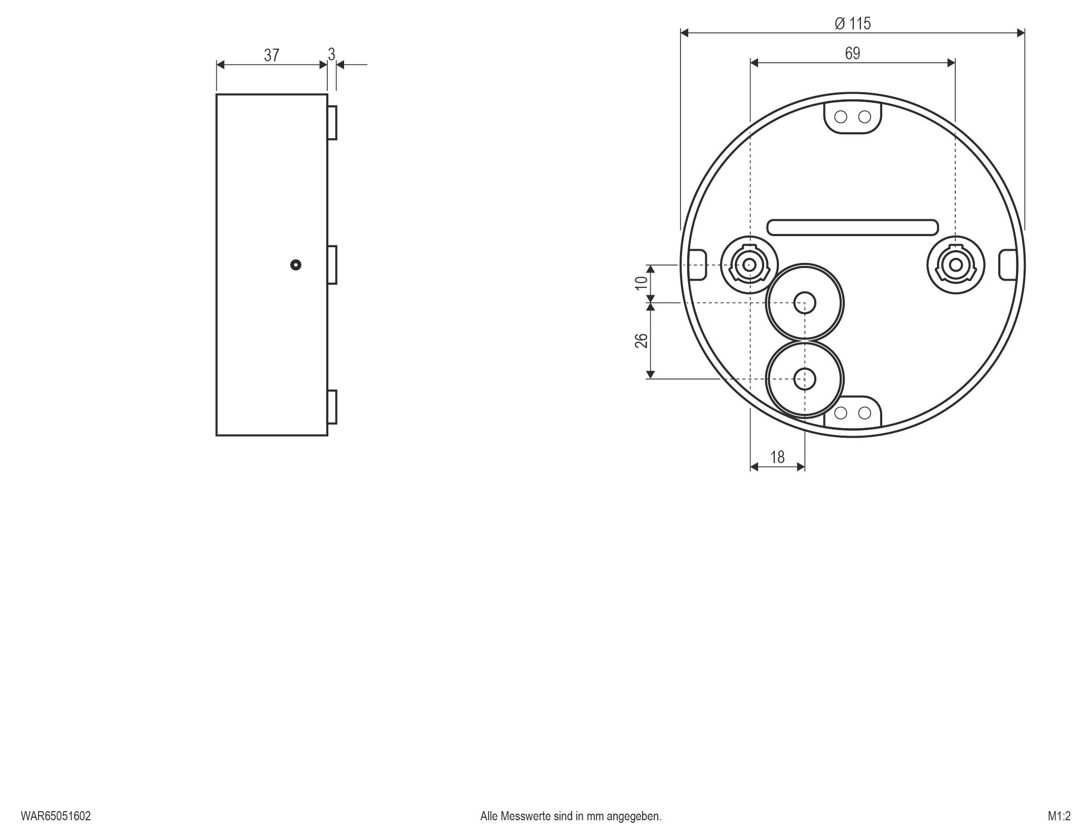 Technický výkres kruhového pouzdra zařízení se zobrazeními ze strany a zepředu, zobrazující rozměry, jako je průměr 115 mm a hloubka 37 mm.