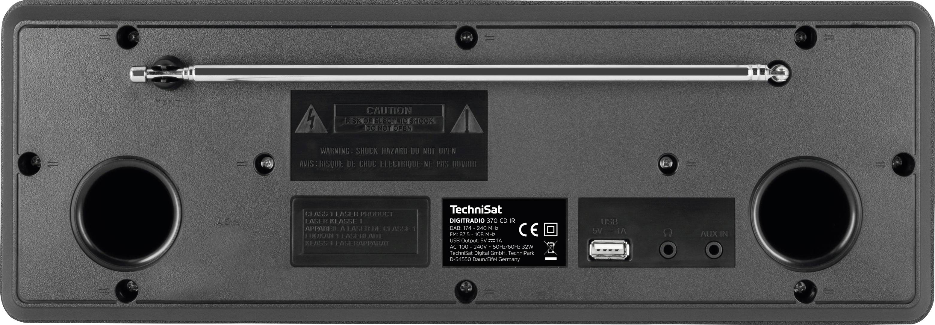 Zadní strana rádia TechniSat s anténou, reproduktorovými otvory a přípojkami pro napájecí adaptér, USB a sluchátka.