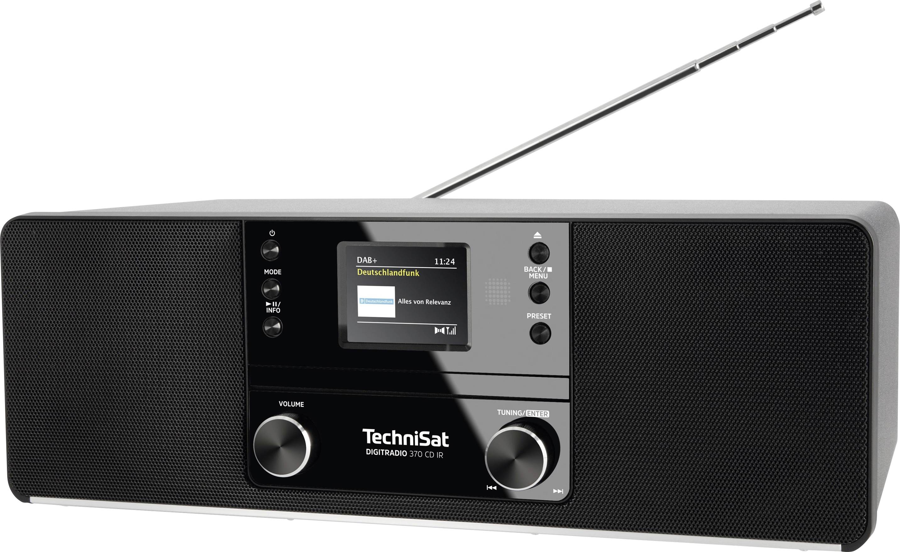 Černé digitální rádio s displejem zobrazuje 'Music on Memory'. Vlevo jsou ovládací tlačítka a vpravo otočný ovladač. Anténa je vysunuta.