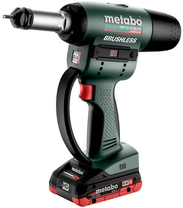 Metabo NMP 18 LTX BL M10 Akumulátorová nýtovací pistole, 18 V, 4 Ah Li-Ion vč. nabíječky, vč. 2x aku, 601788800
