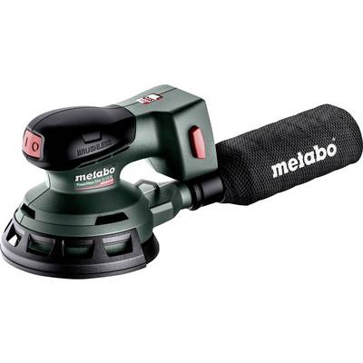 Bezšňůrová orbitální bruska Metabo se sáčkem na prach, zobrazena na bílém pozadí.