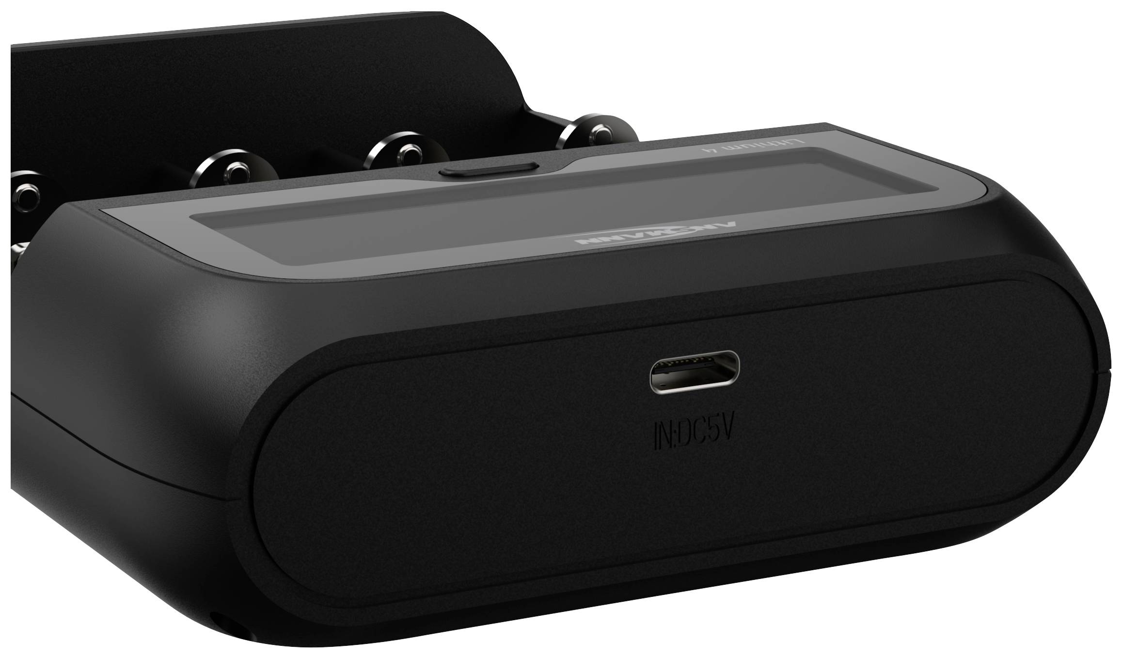 Černá nabíječka se čtyřmi prostory pro baterie AA, s viditelným USB-C portem.