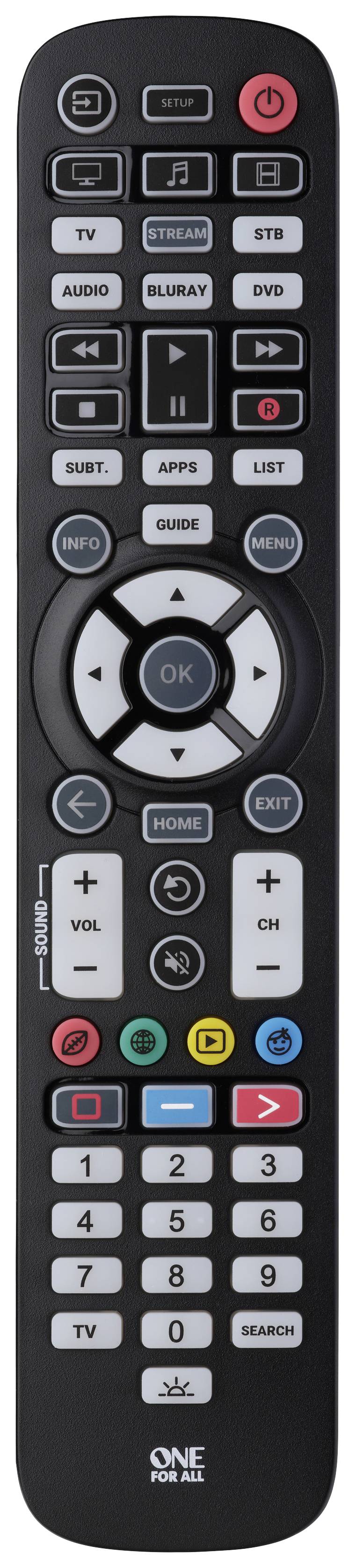 Dálkový ovladač s tlačítky pro TV, streaming, Blu-ray, DVD a aplikace. Obsahuje číselné klávesy, navigační šipky a barevné funkční tlačítka pro snadnou orientaci.