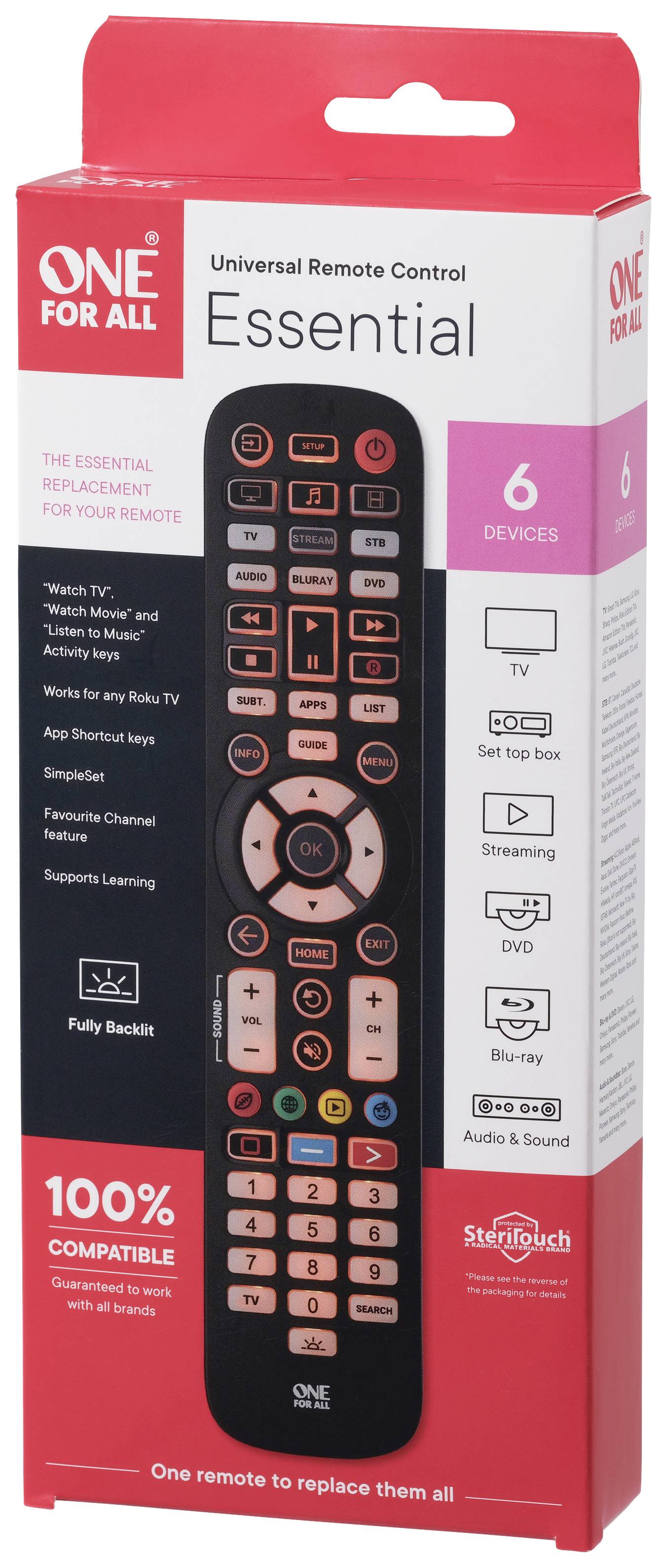 Univerzální dálkový ovladač Essential pro 6 zařízení: TV, set-top box, DVD, audio a zvuk, s plně podsvícenými tlačítky, 100% kompatibilní.