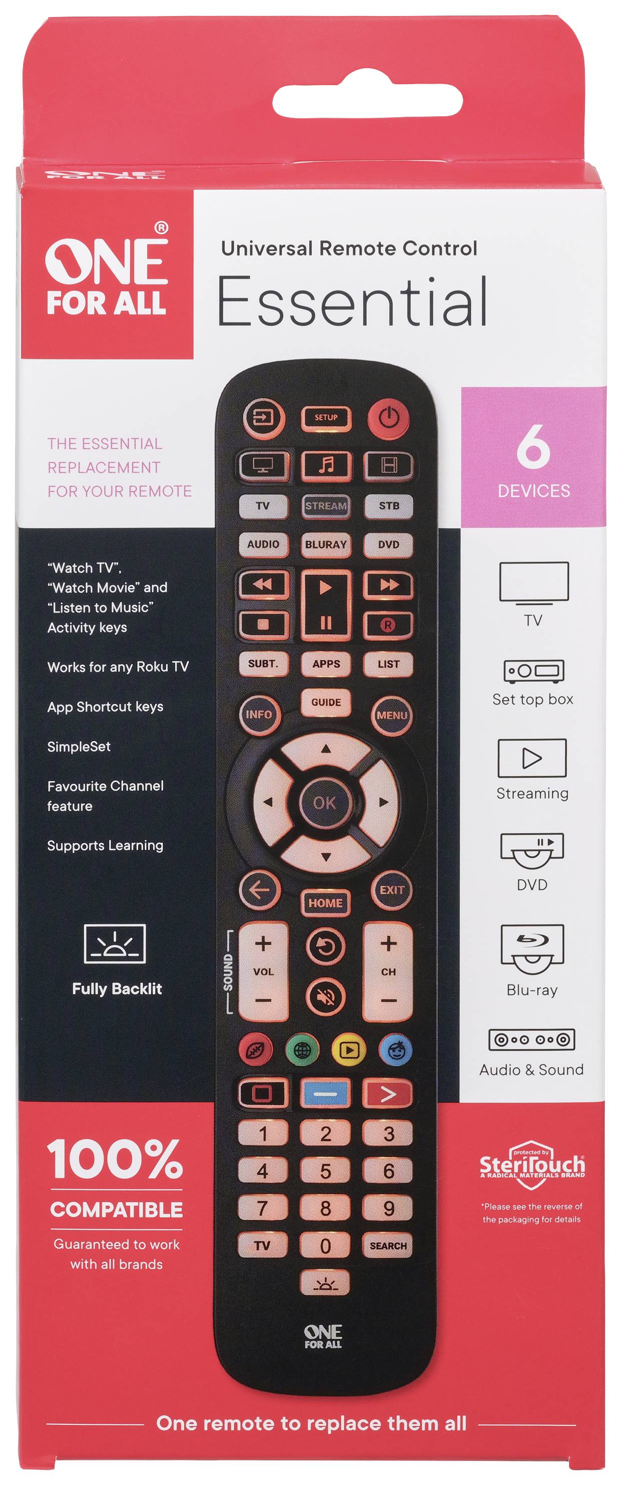 Univerzální dálkový ovladač 'ONE FOR ALL Essential', ovládá 6 zařízení jako TV, streaming, zvuk. 100% kompatibilní se všemi značkami.