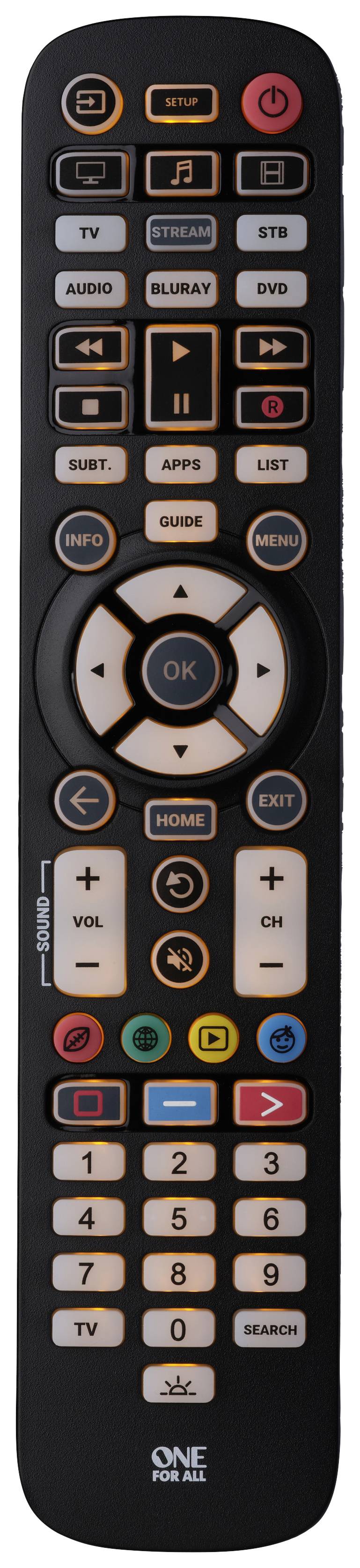 Černý dálkový ovladač s četnými tlačítky pro TV, audio, aplikace a navigaci. Centrální navigační tlačítka obklopují tlačítko 'OK'.
