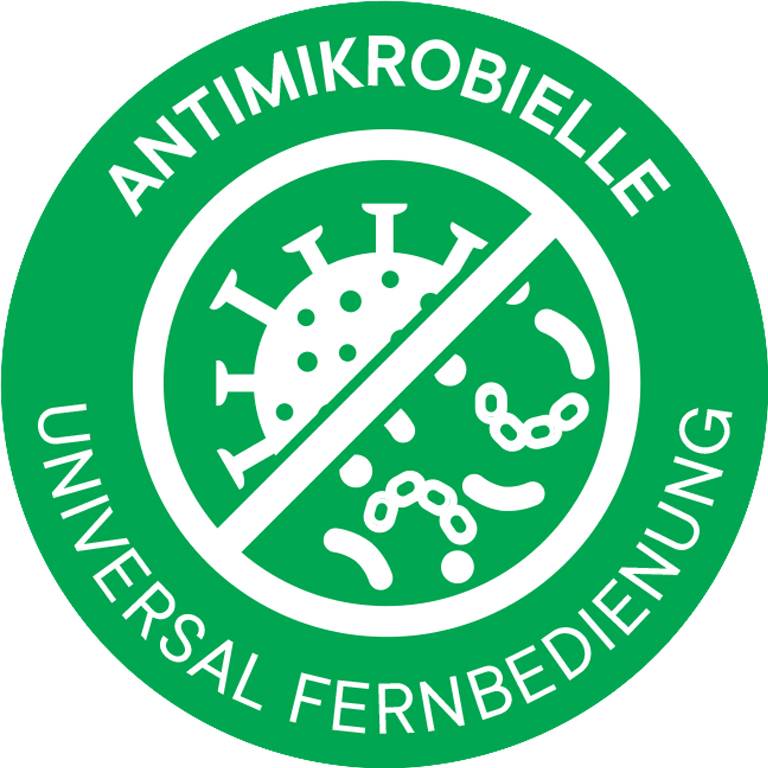 Zelený symbol s přeškrtnutým obrázkem viru a textem 'Antimikrobiální univerzální dálkový ovladač'.