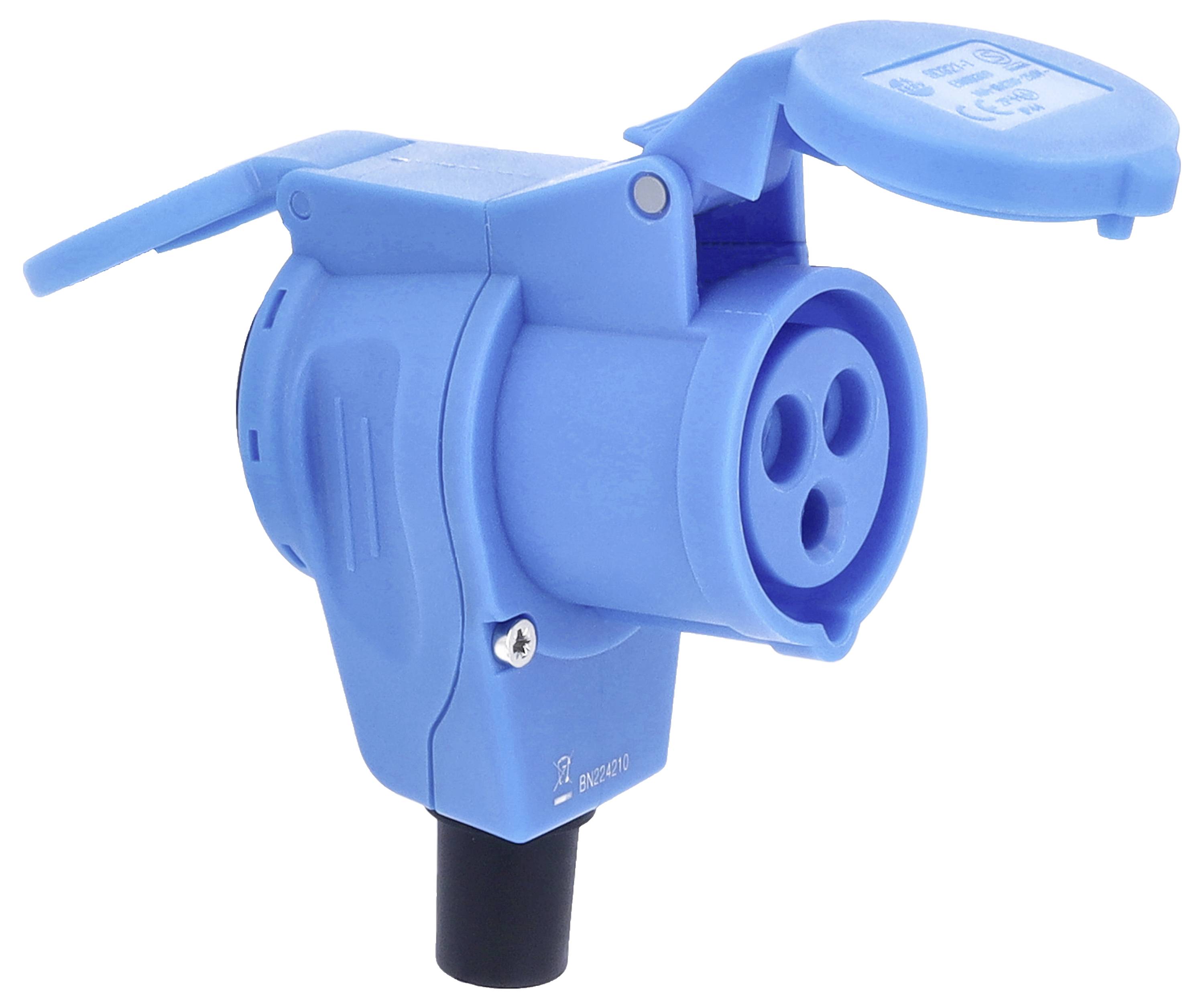 Modrá ochranná zásuvka s krycí klapkou. Je navržena pro bezpečnostní aplikace a poskytuje ochranu před vlhkostí.