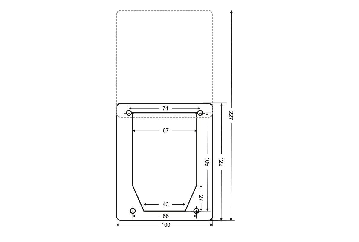 Diagram znázorňující rozměry obdélníkové desky se zaoblenými hranami; klíčové měření zahrnuje šířky 100 mm a 66 mm a výšky 122 mm a 222 mm.