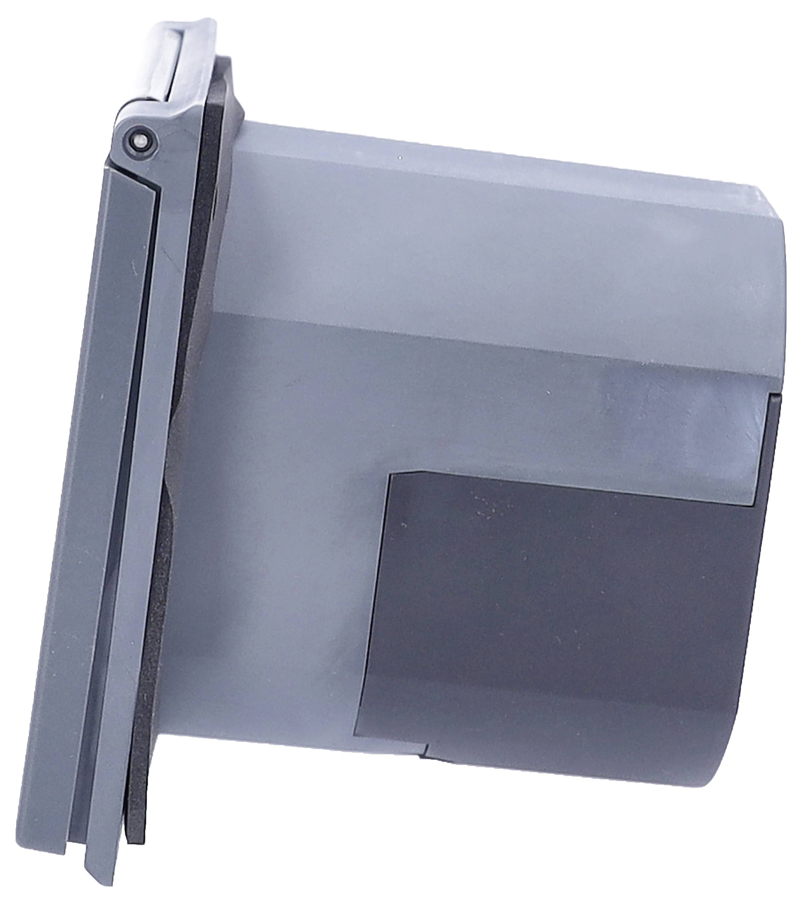 Šedý plastový díl se zkosenou hranou a naznačeným kloubovým mechanismem.