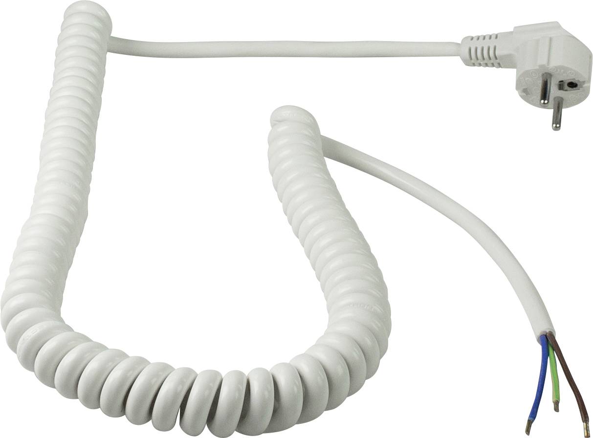 Bílý spirálovitý síťový kabel s eurozástrčkou vlevo a otevřenými konci pro zapojení vpravo. Vhodný pro elektroinstalace.