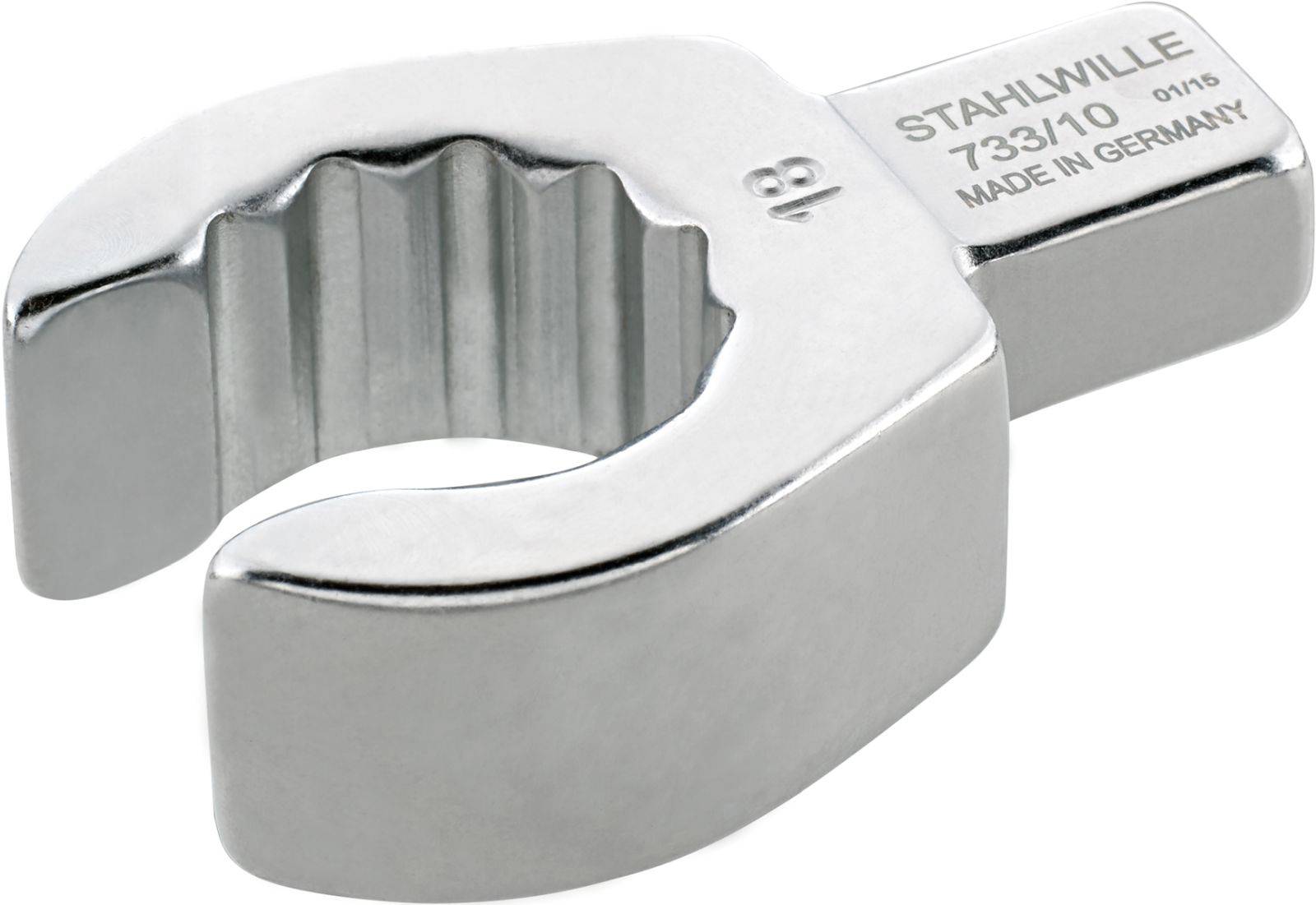 Stříbrný nástrčný klíč s nápisem 'STAHLWILLE 733/10 MADE IN GERMANY'. Klíč má otevřené, ozubené čelisťové ústí.