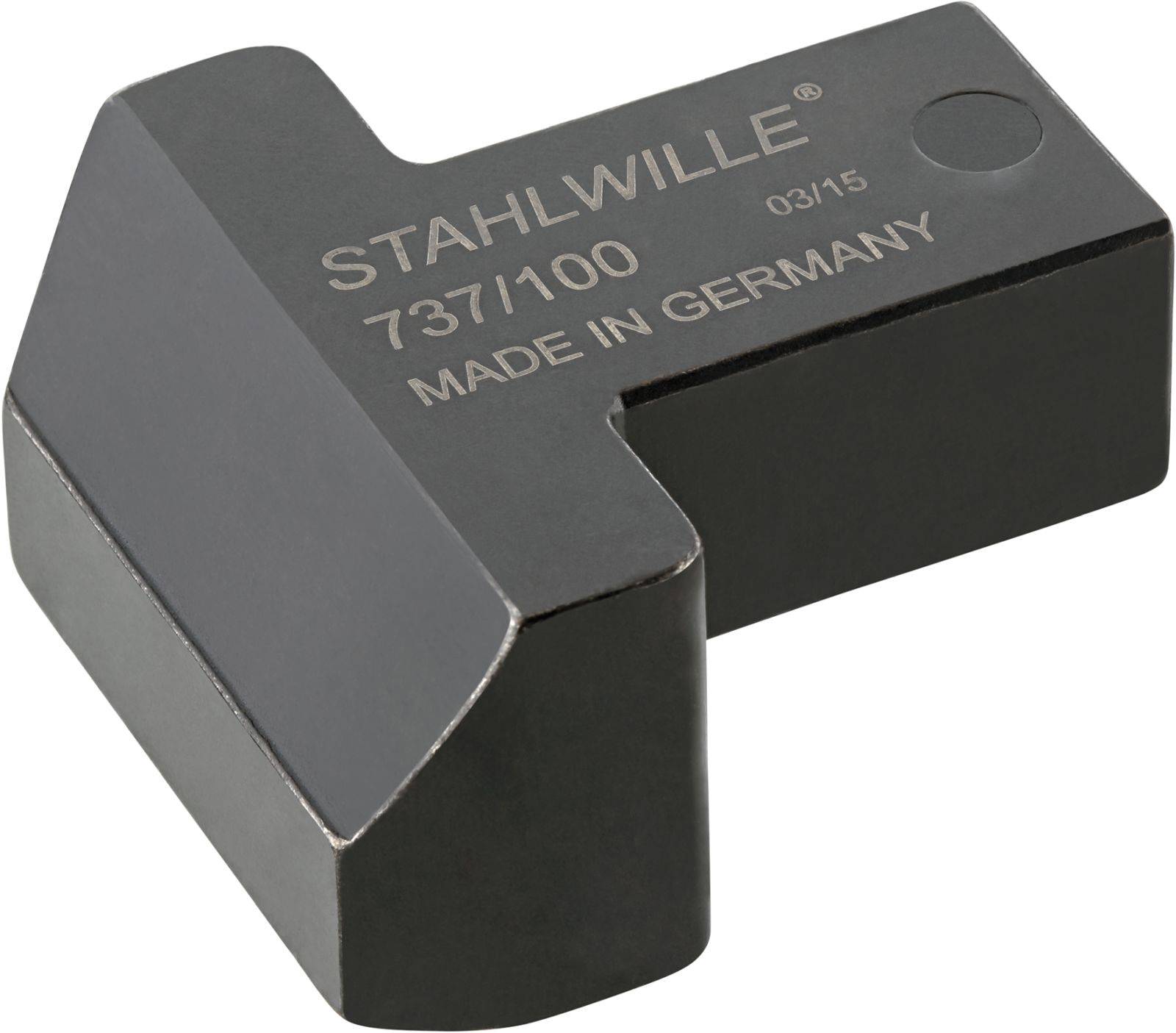Kovový úhelník se zkušebním hrrotem s nápisem 'Stahlwille 737/100 Made in Germany', robustní provedení, pravoúhlý tvar.