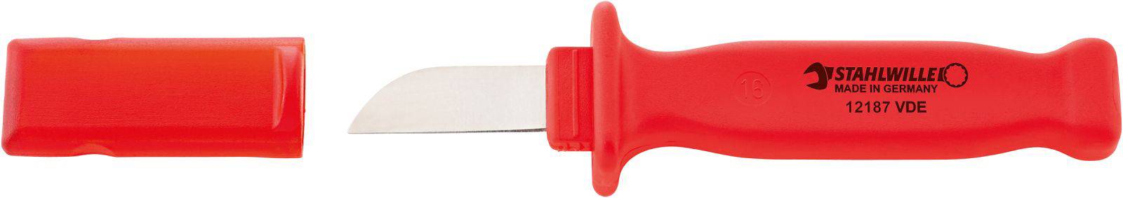 Červený odizolovací nůž se zaobLeným hrotem a plastovou rukojetí, čepel chráněná červeným krytem, značka na rukojeti.