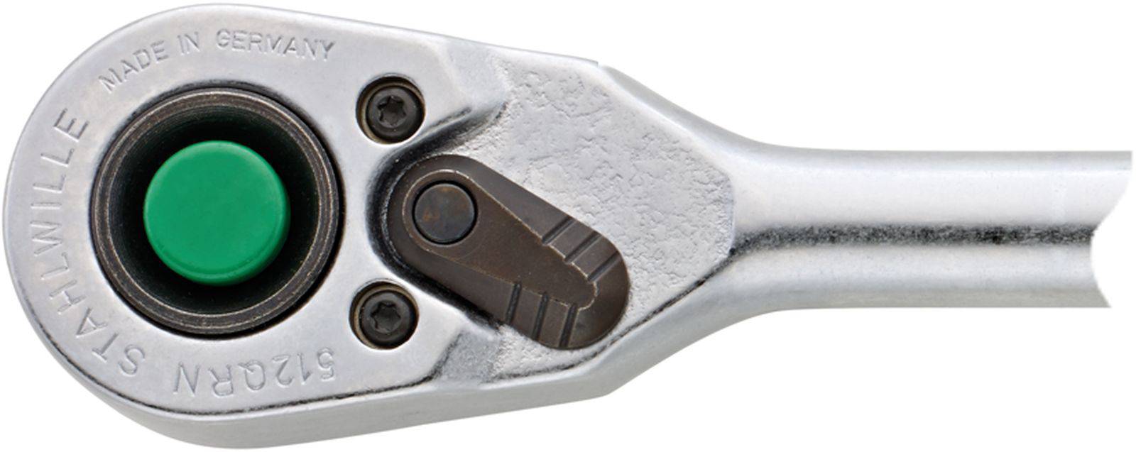 Hlava klíče s knoflíkem v zelené barvě, s nápisem 'Made in Germany'. Vhodný pro výměnu nástrojů. Viditelný název značky a sériové číslo.