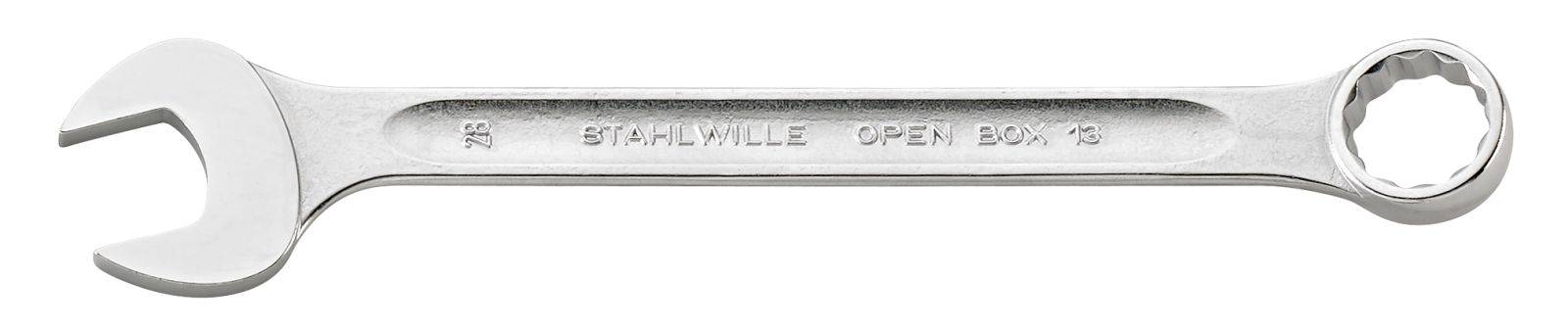 Kovový klíč s otevřenou a kroužkovou stranou. Na povrchu je nápis 'STAHLWILLE OPEN BOX 13'.
