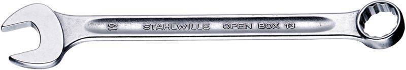 Stříbrný klíč s otevřenou čelistí a kroužkem. Nápis: 'STAHLWILLE OPEN BOX 19'.
