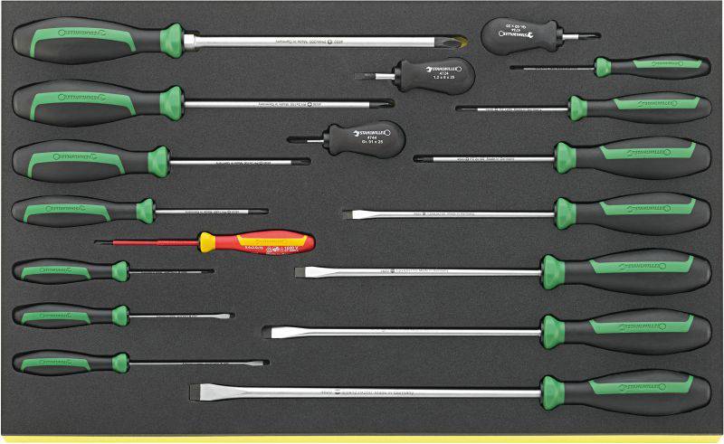 Sada různých šroubováků v pěnové vložce. Obsahuje různé velikosti a tvary, převážně zeleno-černé barvy.