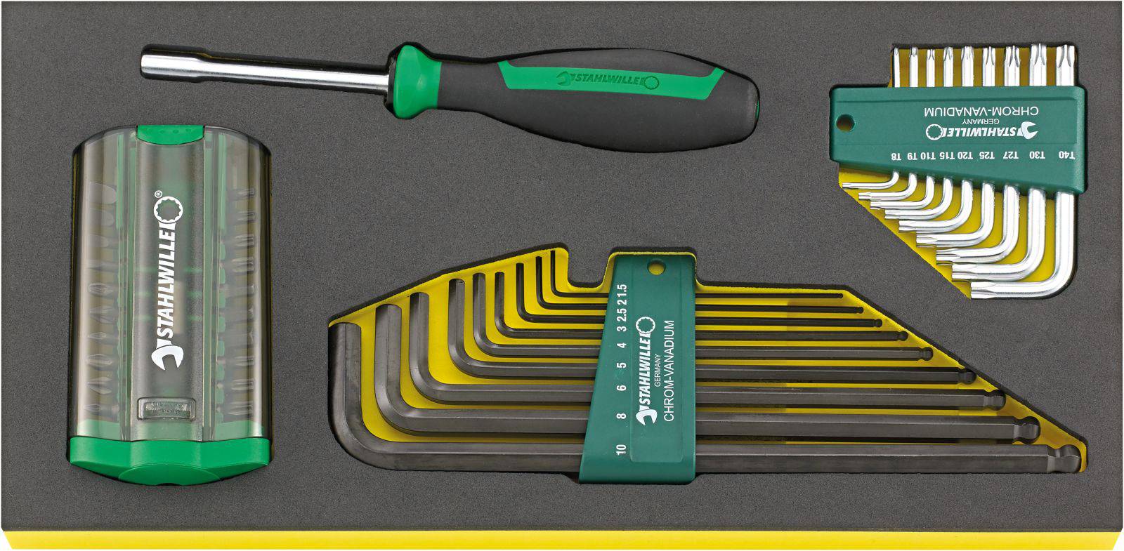 Sada ručního nářadí Stahlwille, včetně šroubováků a různých imbus klíčů, v organizované pěnové vložce.