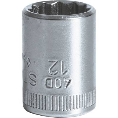 Stříbrná 12mm nástrčná hlavice s vroubkovaným okrajem a vyrytými čísly na povrchu.
