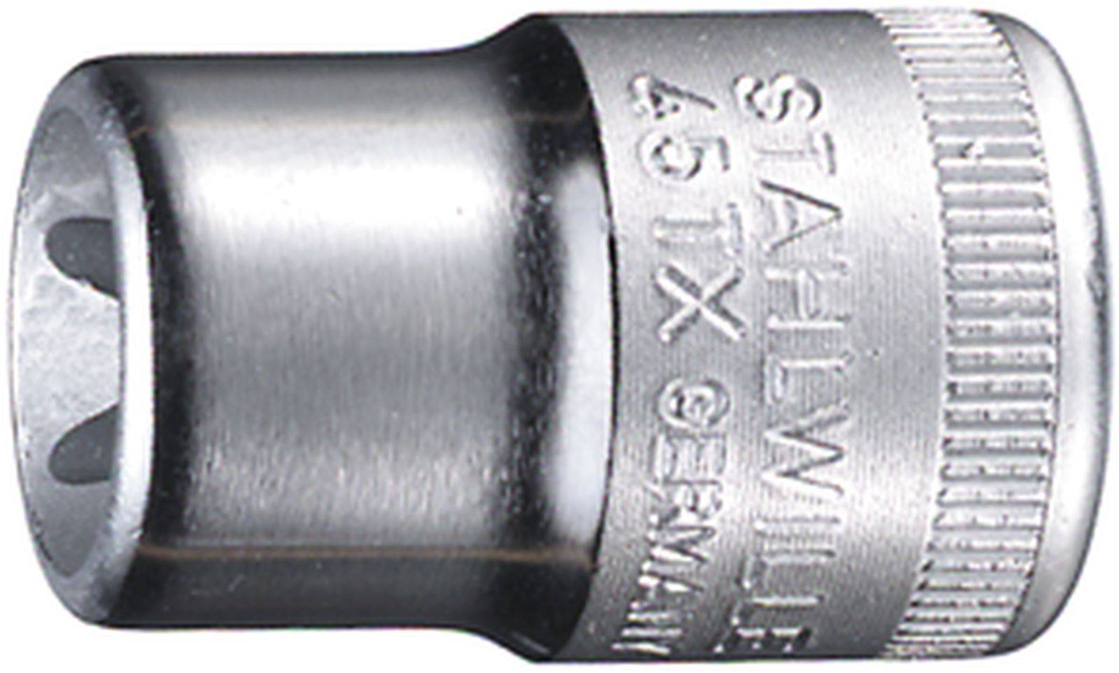 Stříbrný nástavec ořechu s gravírováním 'STAHLWILLE 45TX GERMANY', vhodný pro šrouby Torx.