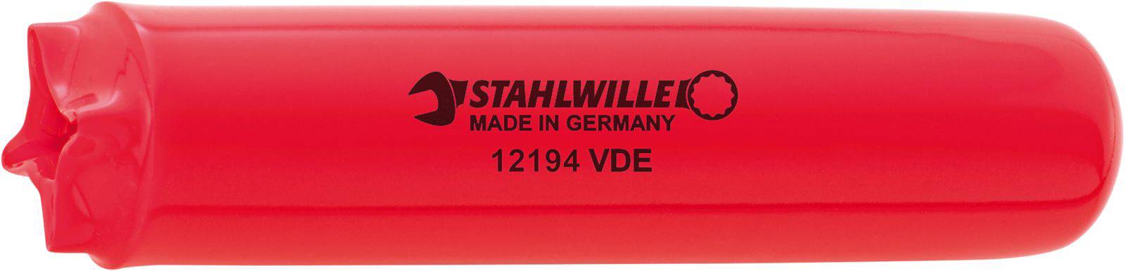 Červený izolovaný nástrčný klíč s nápisem 'STAHLWILLE MADE IN GERMANY 12194 VDE', vhodný pro elektrotechnické práce.
