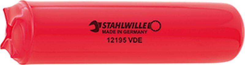 Červený válcový plastový úchyt s nápisem 'STAHLWILLE MADE IN GERMANY 12195 VDE', pravděpodobně rukojeť nástroje.