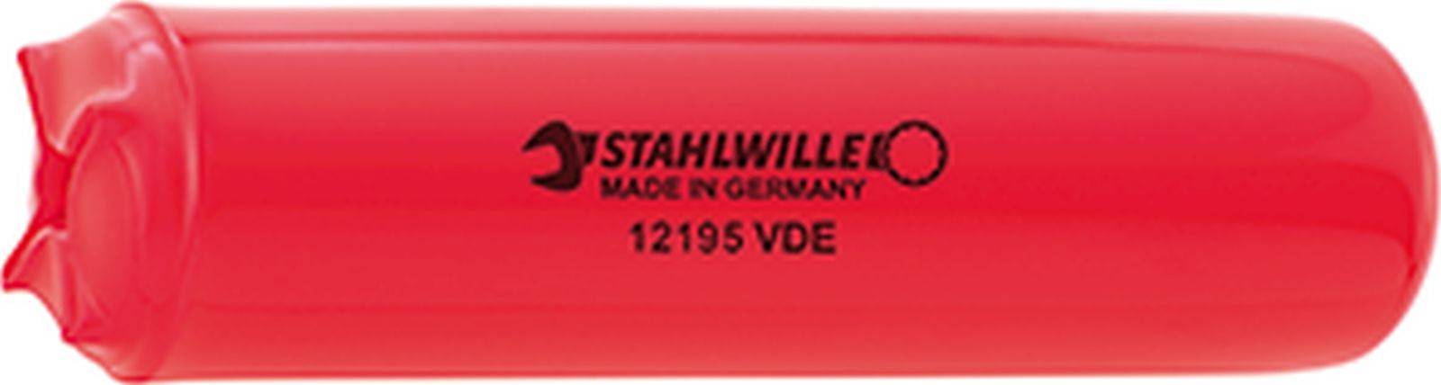 Červený šroubovák s nápisem 'STAHLWILLE MADE IN GERMANY 12195 VDE', izolovaný pro elektrické práce.