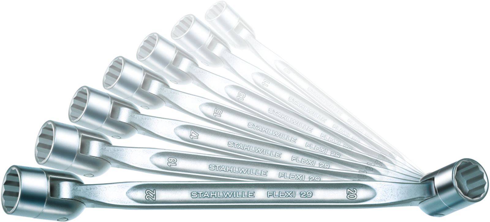 Sada očkových klíčů Stahlwille Flexi, velikosti 19-24, flexibilně zobrazená. Nástroj pro mechanické práce.