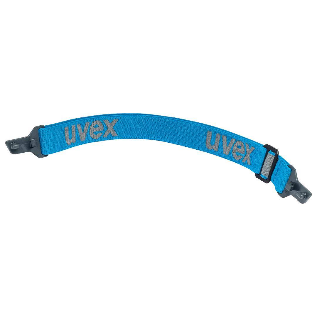 Modrý pásek na brýle se stříbrným logem 'uvex' slouží k upevnění ochranných nebo sportovních brýlí.