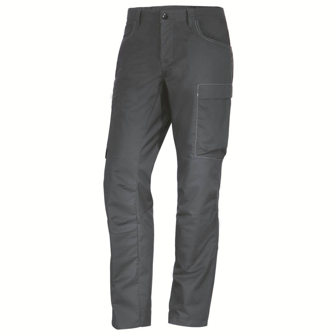 Šedé pracovní kalhoty s boční kapsou, zapínání na knoflík a zip, vhodné pro řemeslnické práce.