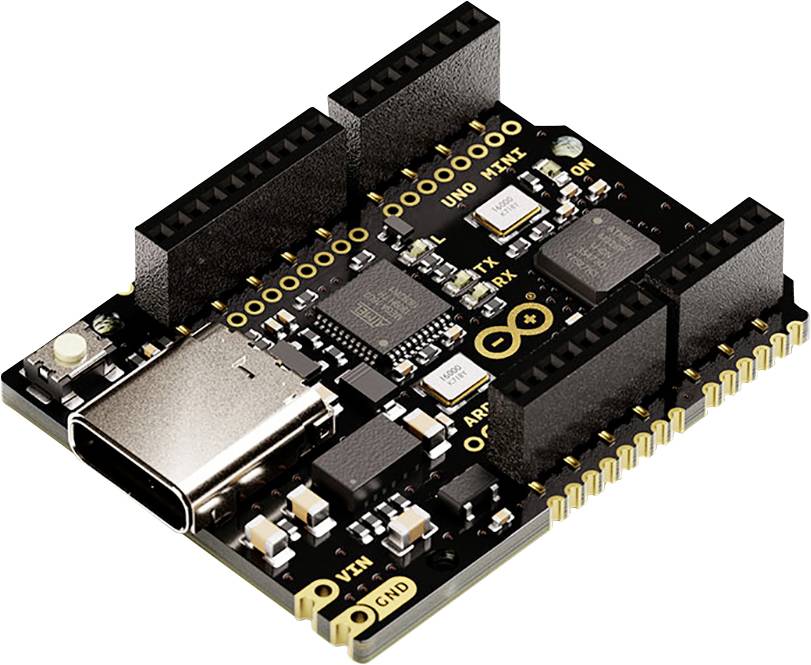 Černá mikrořadičová deska s několika porty a komponenty; obsahuje USB-C konektor a Arduino procesor.