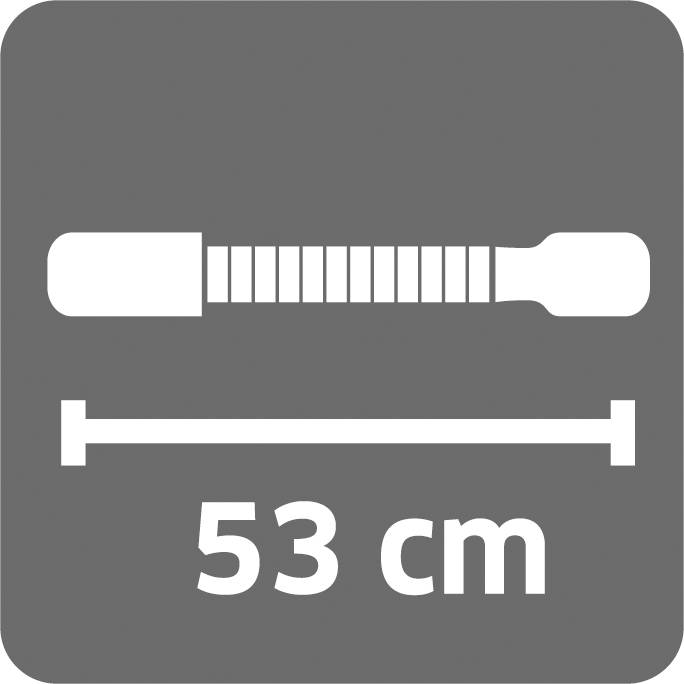 Symbol teleskopické tyče vedle textu '53 cm' na šedém pozadí.