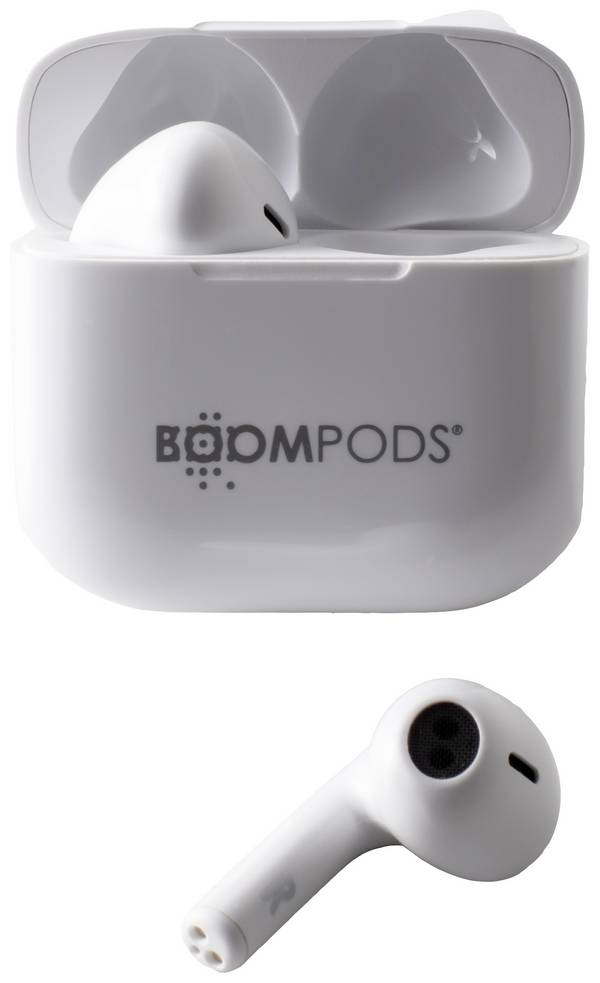Boompods Bassline Compact  špuntová sluchátka (In Ear) Bluetooth®  bílá  headset, personalizace zvuku, regulace hlasitosti, odolné vůči potu, dotykové ovládání