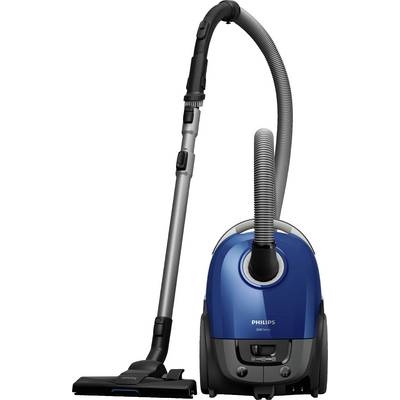 Modrý vysavač s dlouhou sací trubicí a hubicí na podlahu. Na přední straně přístroje je uvedeno jméno značky 'Philips'.
