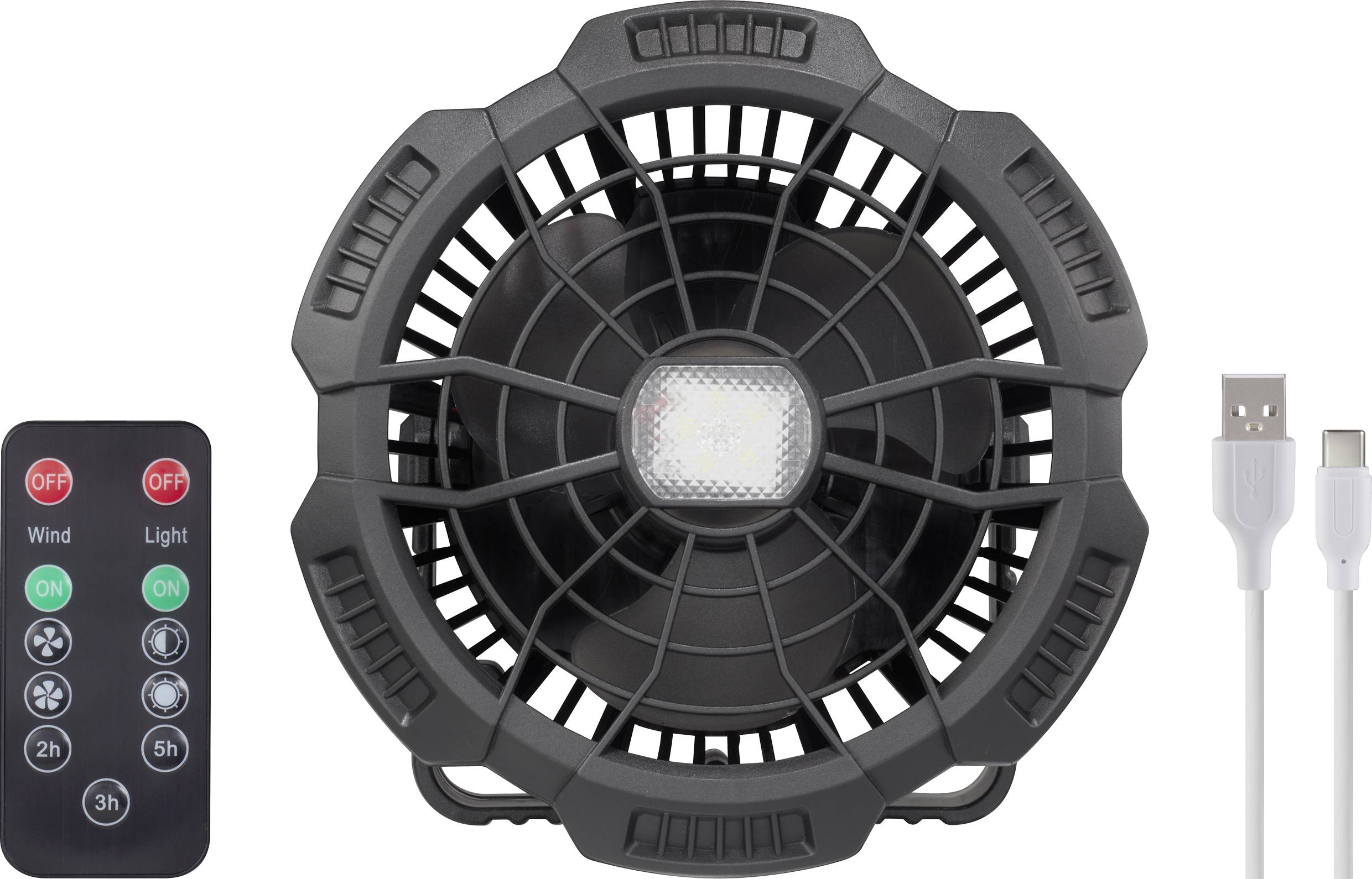 Černý ventilátor se světlem, obdélníkové dálkové ovládání s tlačítky pro nastavení větru, světla a časovače, USB kabel vpravo.