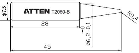 Nákres hrotu pájecí špičky s rozměry: průměr 7,5, délka 45, špička s poloměrem 0,4. Model 'ATTEN T2080-B'.