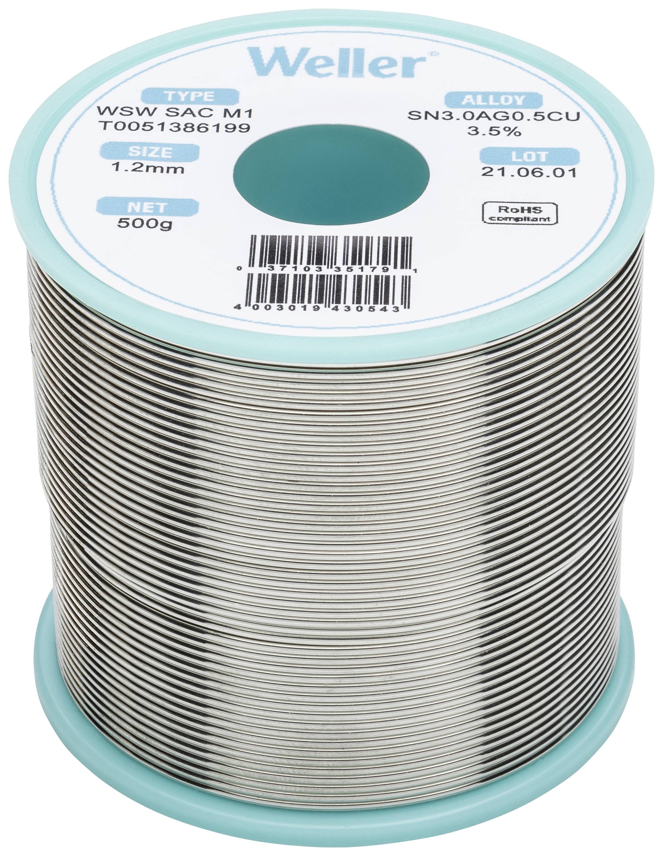Cívka s pájkou s obsahem stříbra značky Weller, typ SAC M1, velikost 1,2 mm, slitina SN3.0AG0.5CU. Hmotnost: 500g, šarže: 21.06.01.
