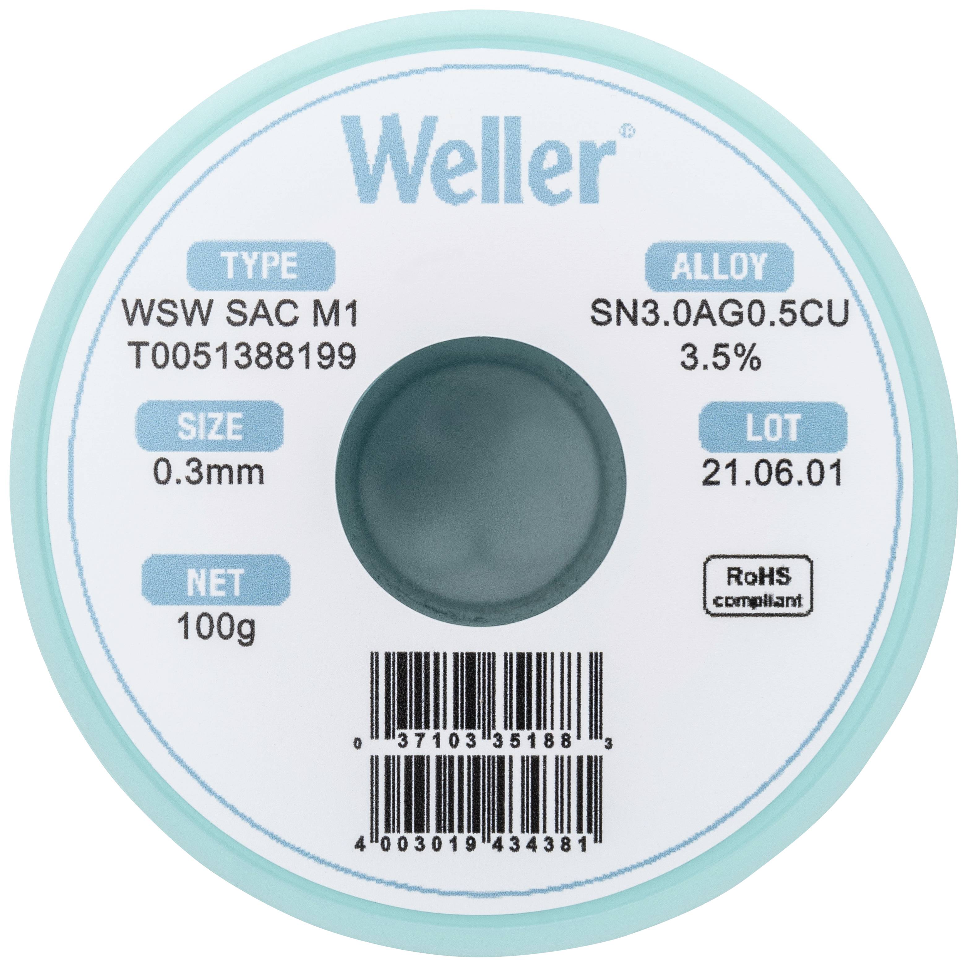 Weller T0051388199 bezolovnatý pájecí cín cívka, bez olova Sn3,0Ag0,5Cu 100 g 0.30 mm