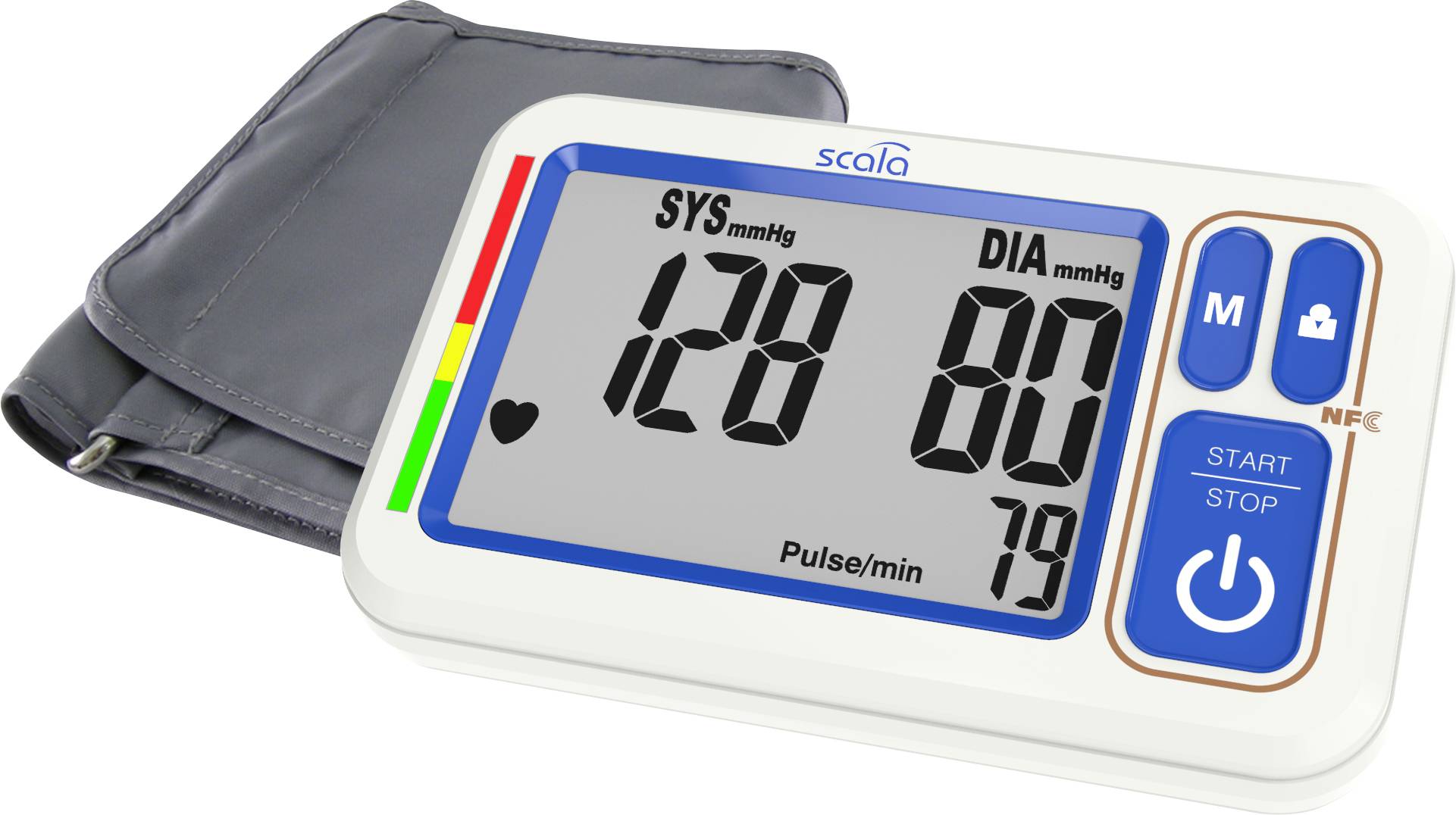 Elektronický měřič krevního tlaku s displejem: 'SYS 128', 'DIA 80', puls 79. Manžeta na levé paži, tlačítko start/stop vpravo.