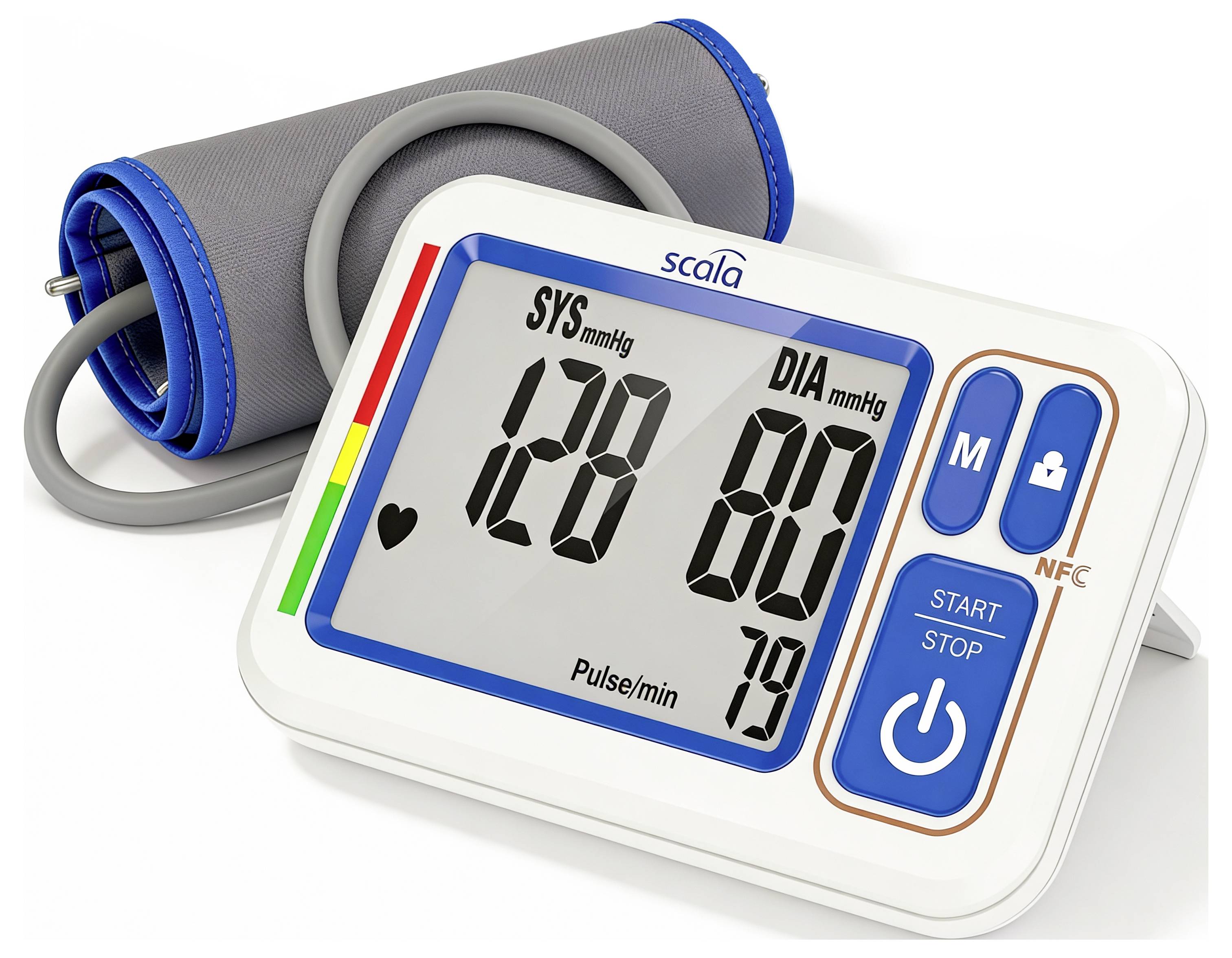 Digitální tlakoměr zobrazující '128 SYS mmHg' a '80 DIA mmHg' s tepovou frekvencí '79/min'.