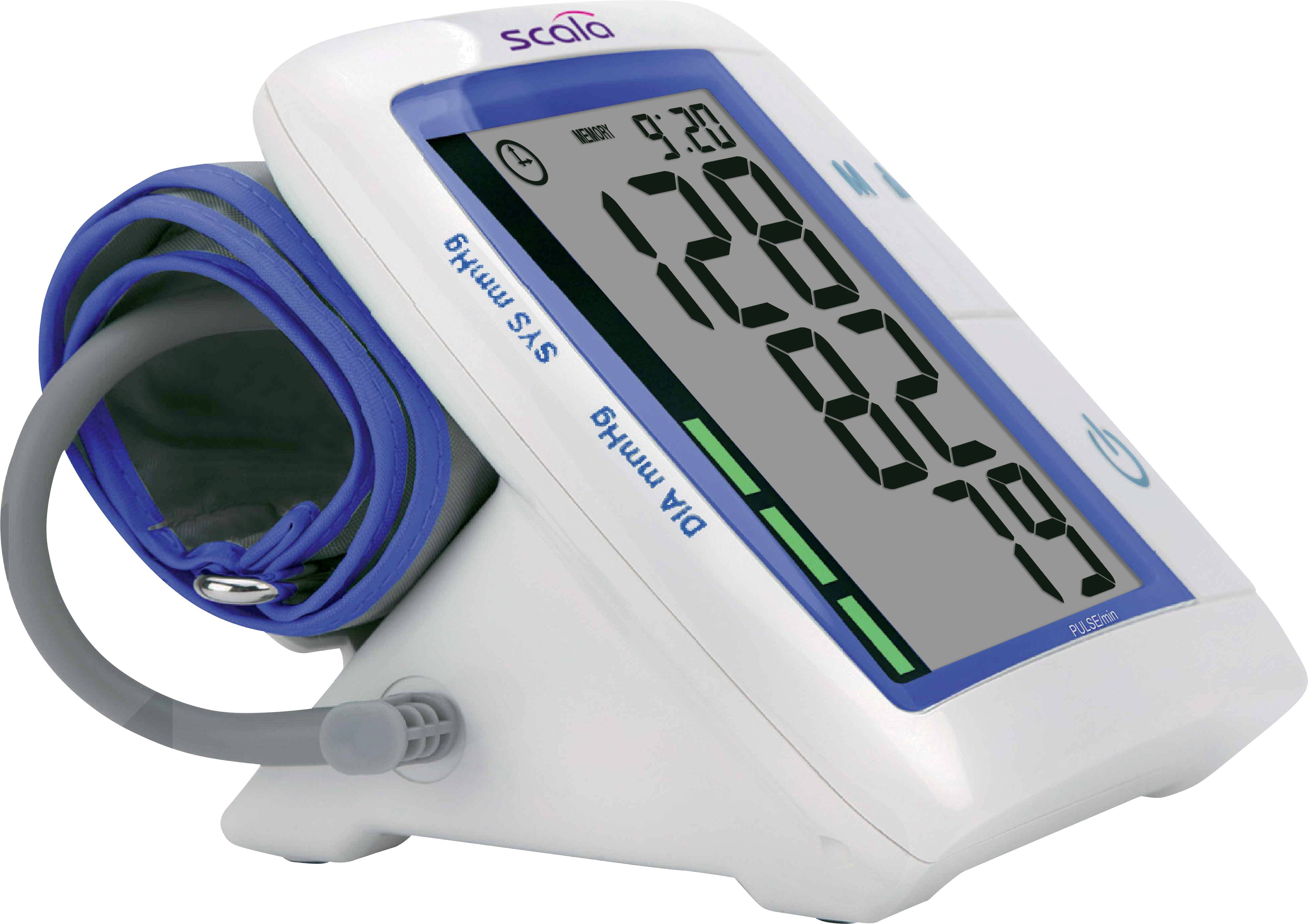Digitální tlakoměr s manžetou ukazuje měření 128 na 84 mmHg a tepovou frekvenci 79 tepů za minutu.