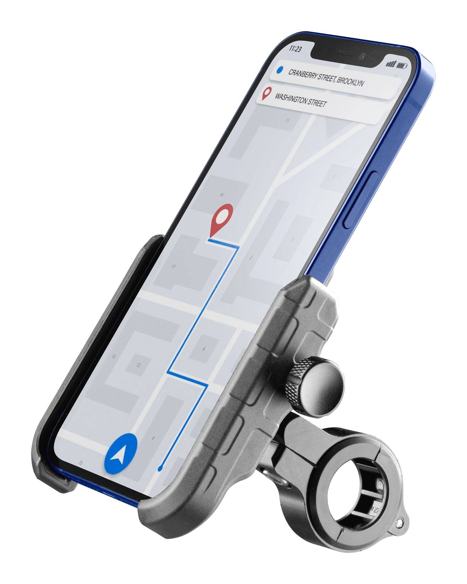 Smartphone v držáku na jízdním kole zobrazuje navigační aplikaci s modrou trasou a červeným značením na mapě.